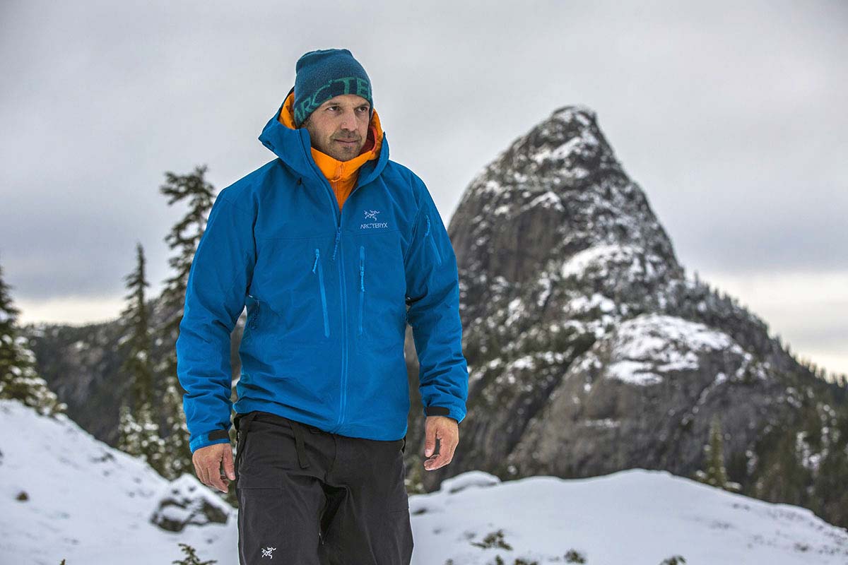 Hardshell jacket (Arc'teryx Alpha SV in the mountains)